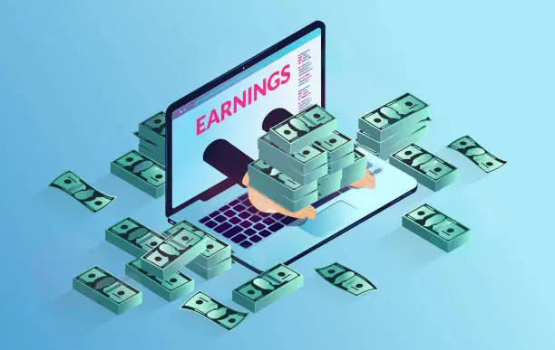 Vector illustration of Earn money online - Hands coming out of laptop computer with lots of money