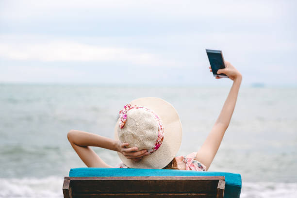 istock Traveler woman selfie on beach 1209495206