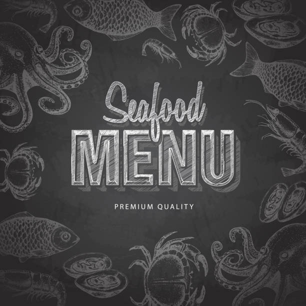 ilustrações de stock, clip art, desenhos animados e ícones de chalk drawing typography seafood menu design - fish seafood prepared fish nautical vessel