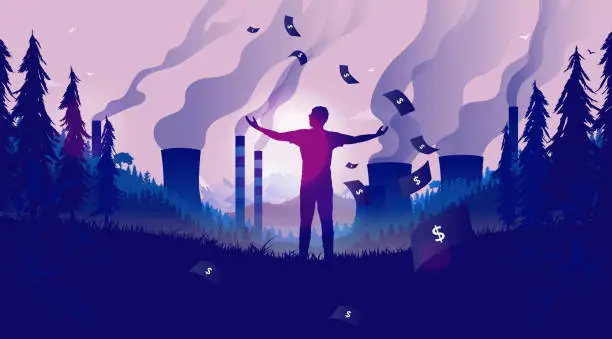 Vector illustration of Profits from pollution - Man enjoying the view from polluting factories, smoke is rising, money is raining down