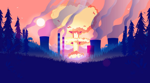 ilustrações de stock, clip art, desenhos animados e ícones de destroying the planet - nuclear bomb and pollution in landscape - bomb exploding vector problems