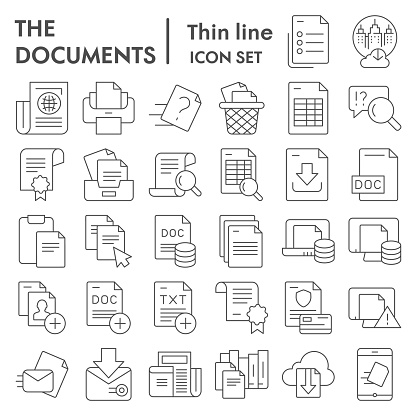 Documents thin line icon set, papers and files symbols collection, vector sketches, logo illustrations, data signs linear pictograms package isolated on white background, eps 10