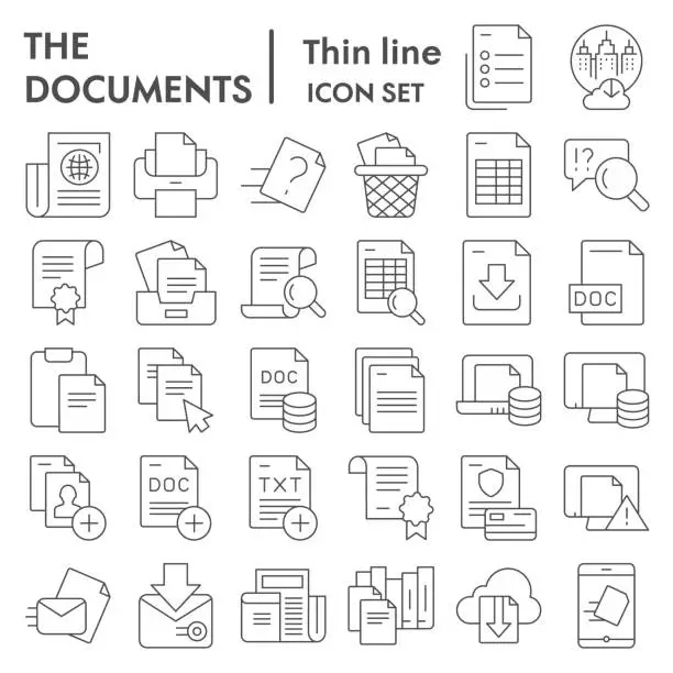 Vector illustration of Documents thin line icon set, papers and files symbols collection, vector sketches, logo illustrations, data signs linear pictograms package isolated on white background, eps 10.