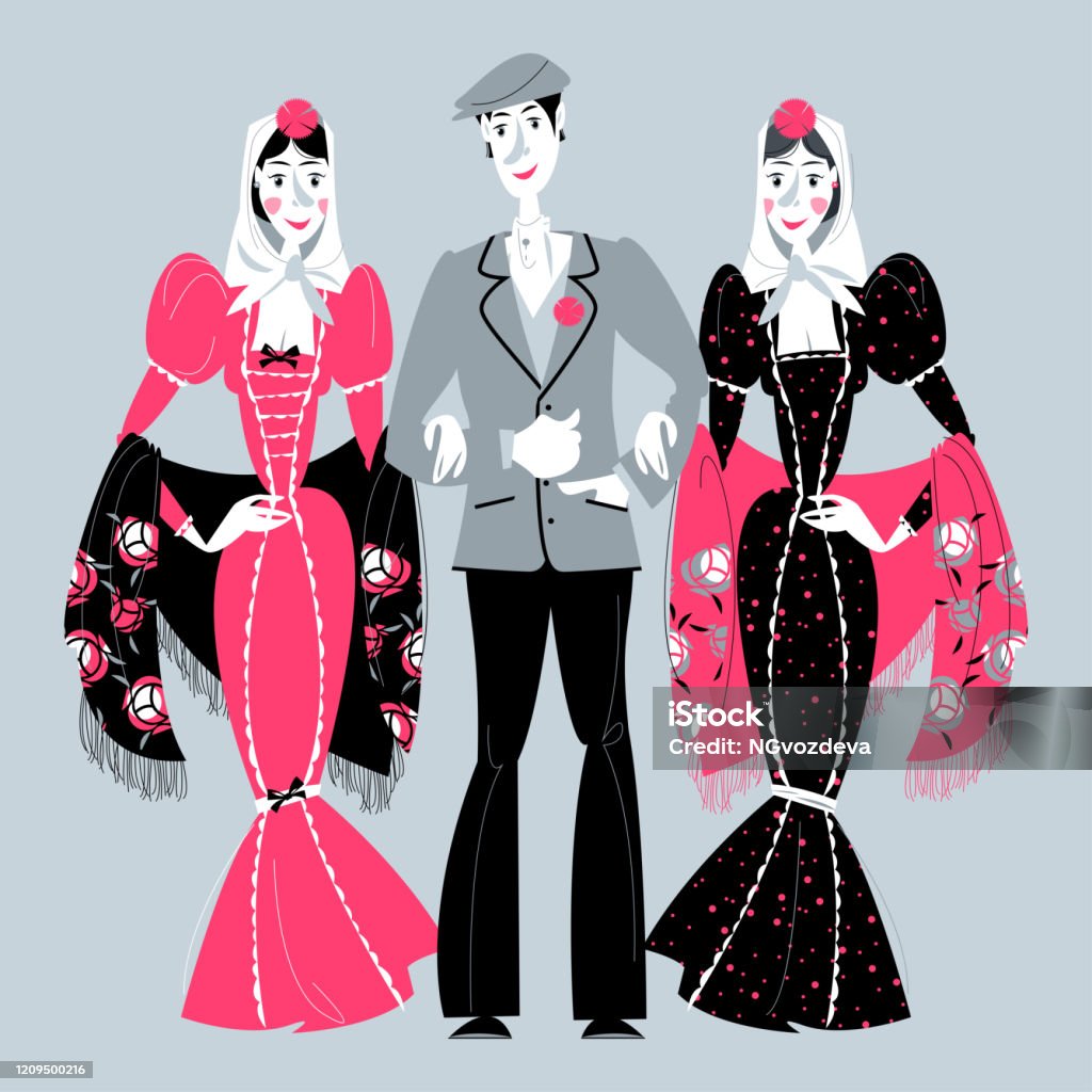 Ilustración de Hombre Y Dos Mujeres Vestidos De Ropa Tradicional Durante La  Fiesta De San Isidro Patrona De Madrid y más Vectores Libres de Derechos de  Clavel - iStock