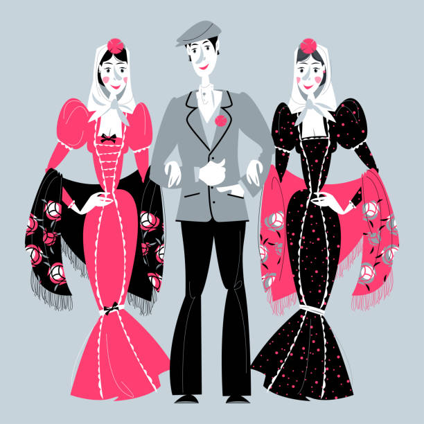 Ilustración de Hombre Y Dos Mujeres Vestidos De Ropa Durante La Fiesta De San Isidro De Madrid y más Vectores Libres de Derechos de Clavel -