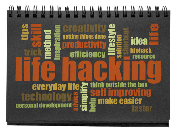 life hacking word cloud in sketchbook life hacking word cloud in an isolated black paper sketchbook, efficiency, productivity and self help concept lifehack stock pictures, royalty-free photos & images