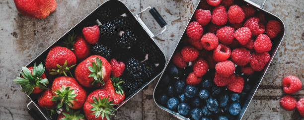 Fresh seasonal berries in lunchboxes over grey background, wide composition