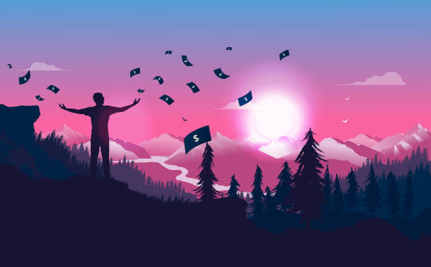 Throwing and wasting money. Man throws dollar bills to the wind, with great view over mountains and forest Financial freedom, rich, taxes, no need for money concept. Vector illustration. tax silhouettes stock illustrations