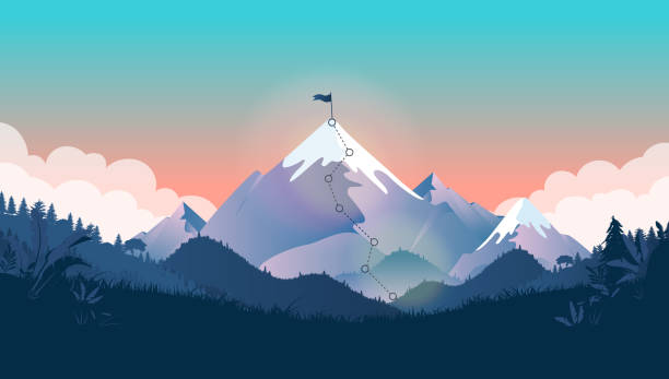Flag on mountain top Majestic mountain with trail to the top in a beautiful landscape. Metaphor for great business challenge to overcome before success and reach your goals. Vector illustration. mountain peak illustrations stock illustrations