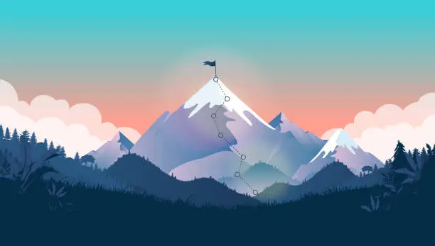 Vector illustration of Flag on mountain top