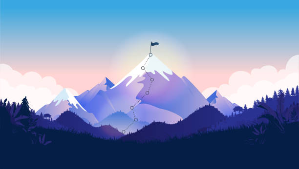Flag on mountain top. Majestic mountain with trail to the top in a beautiful landscape Metaphor for great business challenge to overcome before success and reach your goals. Vector illustration. journey stock illustrations