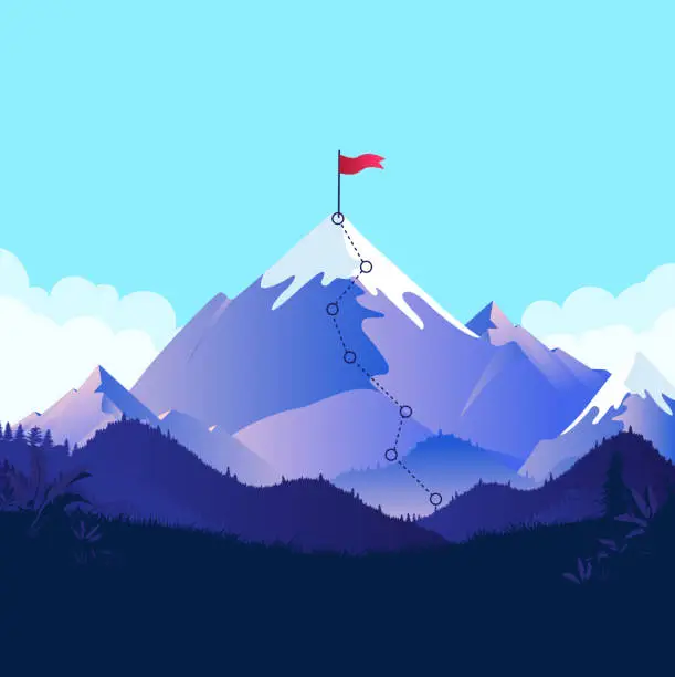 Vector illustration of Path to success. Majestic mountain with a difficult trail leading to a red flag on top