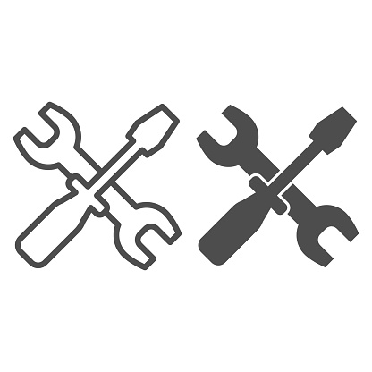 Wrench and screwdriver line and glyph icon. Options vector illustration isolated on white. Crossed repair tools outline style design, designed for web and app. Eps 10