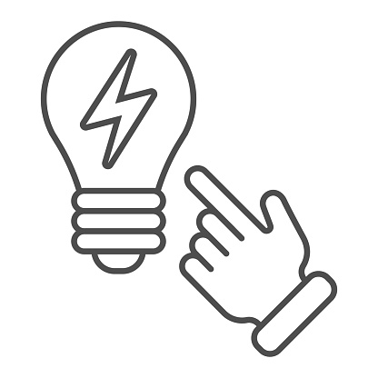 Idea concept thin line icon. Light bulb and hand vector illustration isolated on white. Solution outline style design, designed for web and app. Eps 10