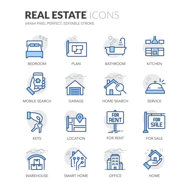 Line Real Estate Icons Simple Set of Real Estate Related Vector Line Icons. 
Contains such Icons as For Rent Sign, Office, Location and more.
Editable Stroke. 64x64 Pixel Perfect. service drawings stock illustrations