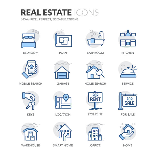 Line Real Estate Icons Simple Set of Real Estate Related Vector Line Icons. 
Contains such Icons as For Rent Sign, Office, Location and more.
Editable Stroke. 64x64 Pixel Perfect. real estate icons stock illustrations