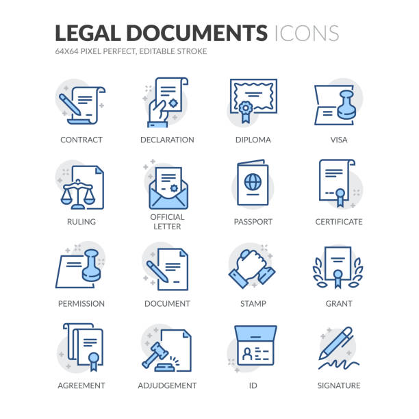 ilustrações, clipart, desenhos animados e ícones de ícones de documentos legais de linha - legal contract