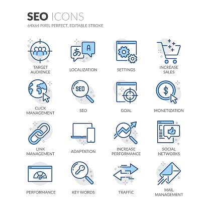 Simple Set of SEO Related Vector Line Icons. 
Contains such Icons as Localization, Traffic, Performance Tracking and more.
Editable Stroke. 64x64 Pixel Perfect.