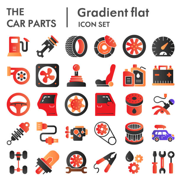 ilustraciones, imágenes clip art, dibujos animados e iconos de stock de conjunto de icones planos de piezas de coche, colección de símbolos de detalles automáticos, bocetos vectoriales, ilustraciones, signos de reparación automotriz paquete de pictogramas de degradado de color aislados sobre fondo blanco, eps 10. - motor eléctrico ilustraciones