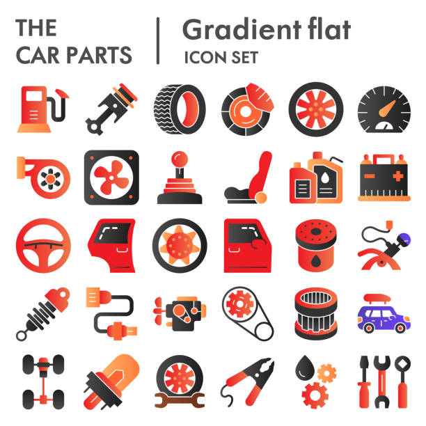автозапчасти плоский набор иконок, коллекция автоматических деталей символов, векторные эскизы, иллюстрации, автомобильный ремонт знаков  - symbol computer icon motor vehicle car stock illustrations