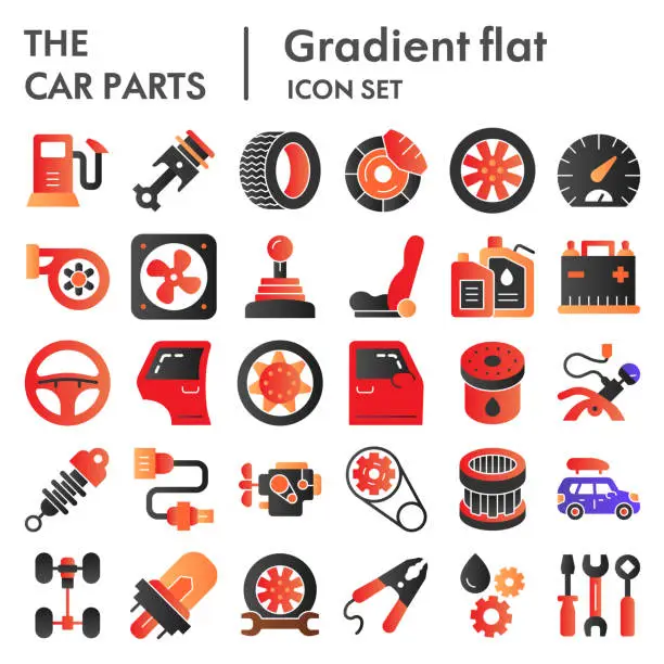 Vector illustration of Car parts flat icon set, auto details symbols collection, vector sketches,  illustrations, automotive repair signs color gradient pictograms package isolated on white background, eps 10.