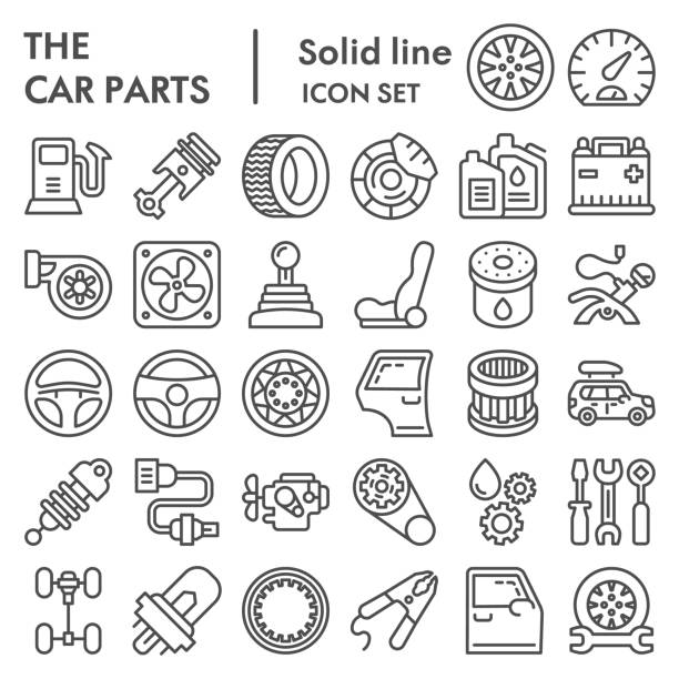 illustrations, cliparts, dessins animés et icônes de ensemble d’icônes de ligne de pièces de voiture, collection de symboles de détails automatiques, croquis de vecteur, illustrations de logo, signes de réparation automobile paquet linéaire de pictogrammes d’isolement sur le fond blanc, eps 10. - pièce détachée