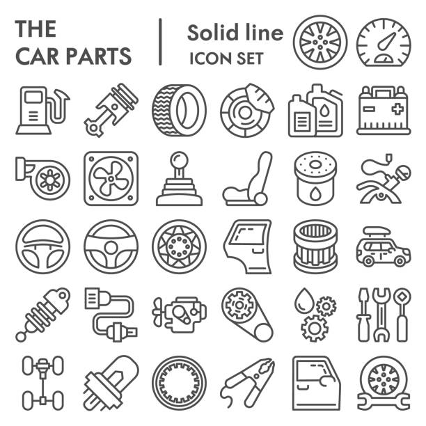 Car parts line icon set, auto details symbols collection, vector sketches, logo illustrations, automotive repair signs linear pictograms package isolated on white background, eps 10. Car parts line icon set, auto details symbols collection, vector sketches, logo illustrations, automotive repair signs linear pictograms package isolated on white background, eps 10 engine illustrations stock illustrations
