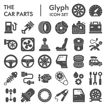 Car parts glyph icon set, auto details symbols collection, vector sketches, logo illustrations, automotive repair signs solid pictograms package isolated on white background, eps 10