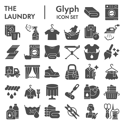 Laundry glyph icon set, washing clothes symbols collection, vector sketches, logo illustrations, housework signs solid pictograms package isolated on white background, eps 10