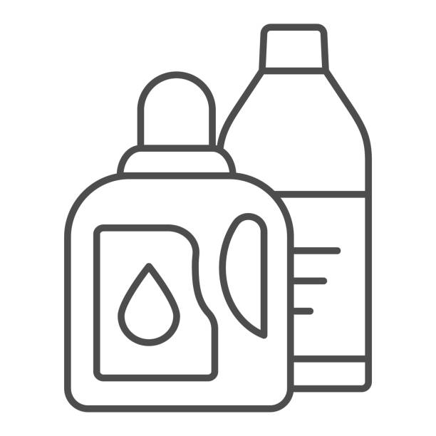 ilustraciones, imágenes clip art, dibujos animados e iconos de stock de lavado del icono de línea delgada del detergente. ilustración vectorial de contenedor detergente aislada en blanco. diseño de estilo de contorno líquido de lavandería, diseñado para web y aplicación. - chemical substance illustrations
