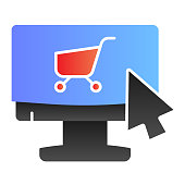 istock Cart on monitor flat icon. Computer with shopping trolley color icons in trendy flat style. Online market gradient style design, designed for web and app. Eps 10. 1209517878