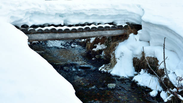istock Wooden bridge fully covered by snow 1209518488