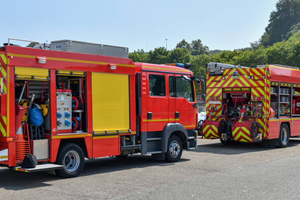 istock Big red fire truck with fire equipment 1209521360