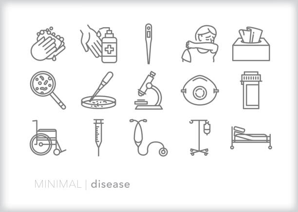 Disease, flu, cold and sickness line icon set Set of 15 disease line icons for how cold and flu spreads by cough and sneeze, as well icons for researching to develop a vaccine, hospital items, and hand washing covid thermometer stock illustrations