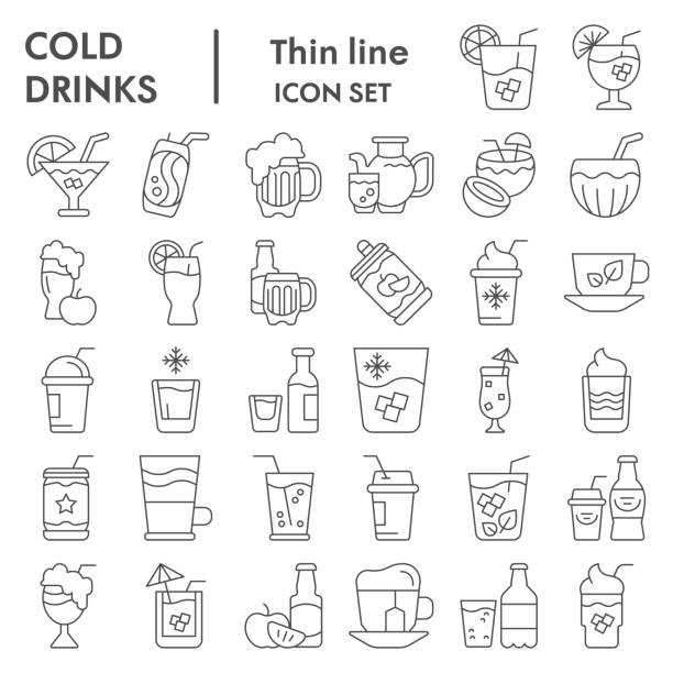 Cold drinks thin line icon set, summer beverages symbols collection, vector sketches, logo illustrations, alcoholic and non alcoholic drinks signs linear pictograms package isolated eps 10. Cold drinks thin line icon set, summer beverages symbols collection, vector sketches, logo illustrations, alcoholic and non alcoholic drinks signs linear pictograms package isolated on white background, eps 10 milk tea logo stock illustrations