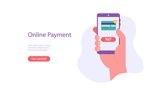 Online payment on mobile phone with credit card, check. Hand holds phone. Concept of secure payment, transfer money, pay online. Vector illustration for UI, web banner, mobile app