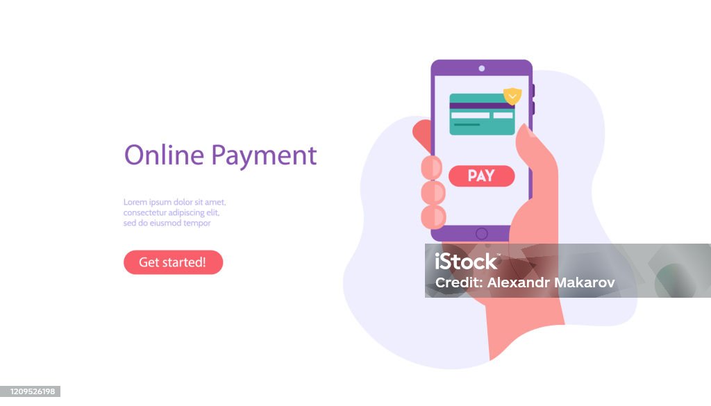 Online payment on mobile phone with credit card, check. Hand holds phone. Concept of secure payment, transfer money, pay online. Vector illustration for UI, web banner, mobile app Paying stock vector