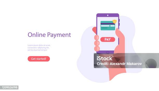 Online Payment On Mobile Phone With Credit Card Check Hand Holds Phone Concept Of Secure Payment Transfer Money Pay Online Vector Illustration For Ui Web Banner Mobile App Stock Illustration - Download Image Now
