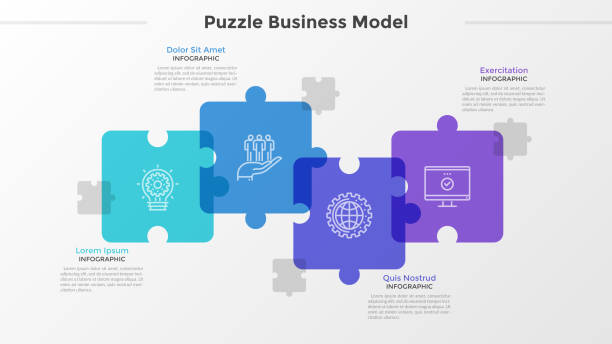 Modern Infographic Template Four translucent jigsaw puzzle pieces with thin line icons inside placed into horizontal row and intersected. Concept of 4-stepped business challenge. Infographic design template. Vector illustration. jigsaw puzzle stock illustrations