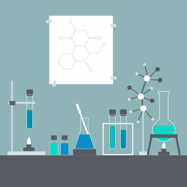 chemiestunde. reagenzgläser, lösungen. chemisches labor. - laboratory equipment illustrations stock-grafiken, -clipart, -cartoons und -symbole