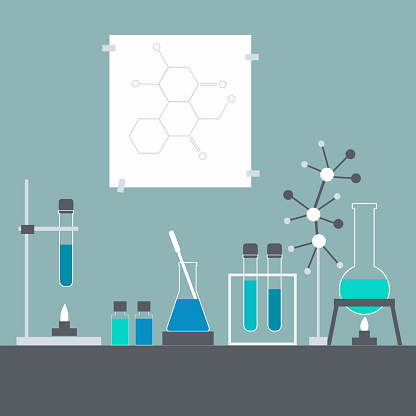 Chemistry lesson. Test tubes, solutions.Chemical laboratory.Vector illustration.
