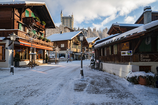 Winter view of Gstaad Promenade. Gstaad, Switzerland - 01.10.2019