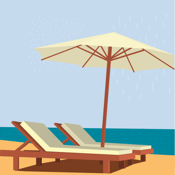 Chaise lounge and umbrella on sand beach Chaise lounge and umbrella on sand beach. Vector illustration. plage stock illustrations