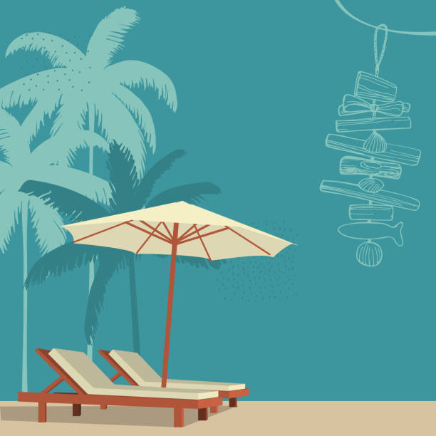 Chaise lounge and umbrella on sand beach Chaise lounge and umbrella on sand beach. Vector illustration. plage stock illustrations