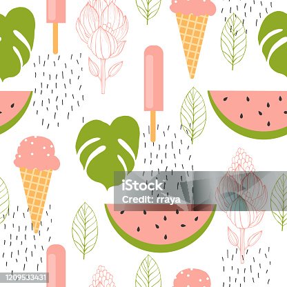 istock Watermelon and ice cream. Vector seamless  pattern. 1209533431