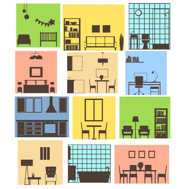 Vector illustration of Interiors of different rooms.