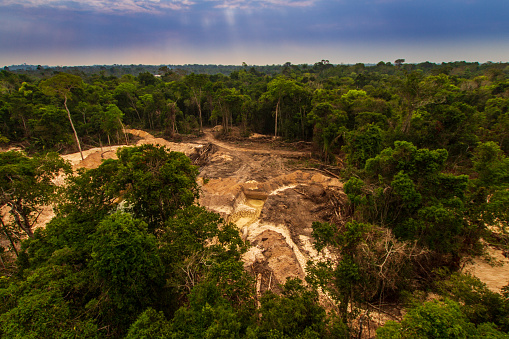 La minería ilegal causa deforestación y contaminación de los ríos en la selva amazónica cerca de la Tierra Indígena Menkragnoti. - Pará, Brasil photo
