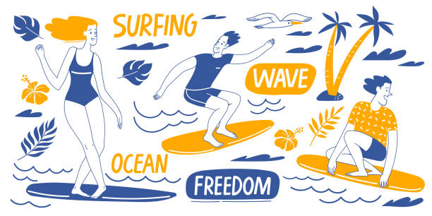 Diseño de vectores motivacionales de surf con personas, elementos oceánicos y letras - ilustración de arte vectorial