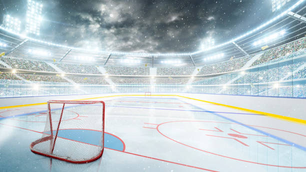 Hockey stadium at night. Arena illuminated by spotlights. Empty sport rink. Hockey stadium at night under the moonlight. Empty field. Wide angle Hockey stadium at night. Arena illuminated by spotlights. Empty sport rink. Hockey stadium at night under the moonlight. Empty field. Wide angle. Sport hockey puck photos stock pictures, royalty-free photos & images