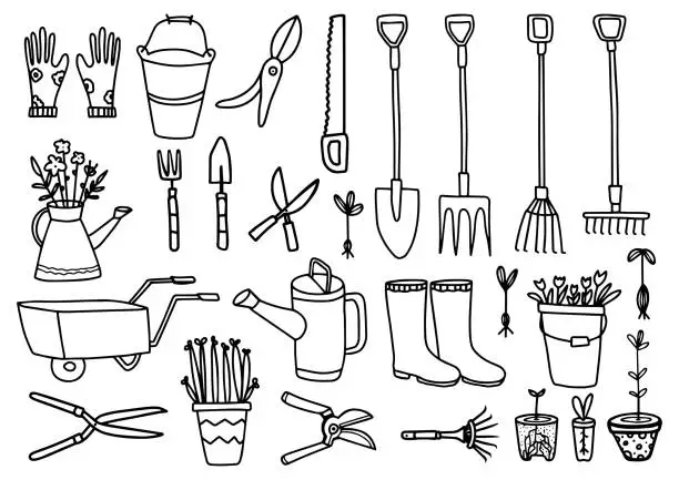 Vector illustration of Vector big collection of gardening tools. Rake,shovel,wheelbarrow,seedlings,boots,gloves,pruner,bailer in hand drawn doodle style